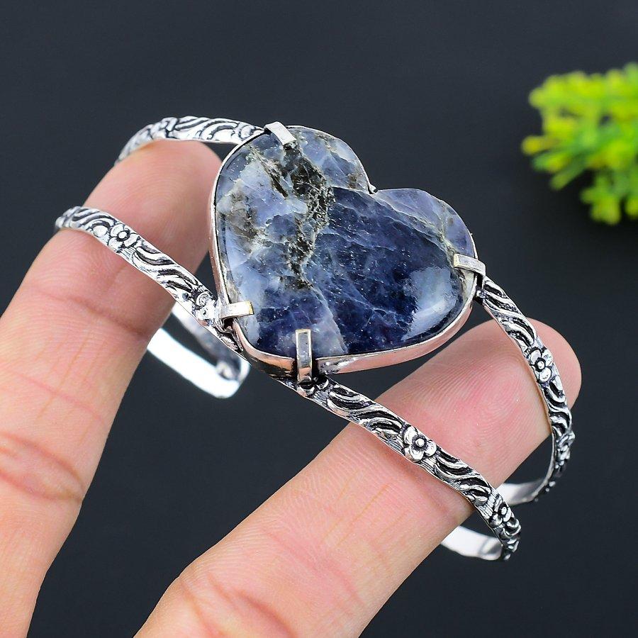 Natural Lolite Stone Gemstone 925 Sterling Silver Cuff Bangle Adjustable p6M36