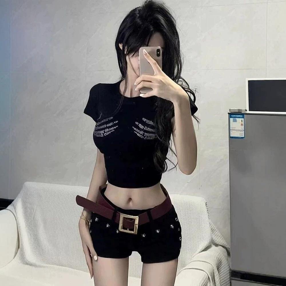 American High Street Demon Claw Hot Diamond Short Sleeve T-Shirt Women's Summer New Design Slim Navel Versatile Short Top