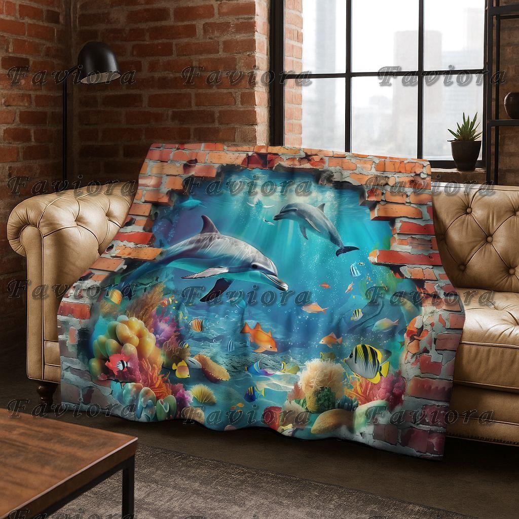 26 Style 3D Illusion Sea Underwater World Dolphin Flannel Blanket,Cozy Soft Throw Blanket for Home Bedroom Bed Sofa Cover Gift
