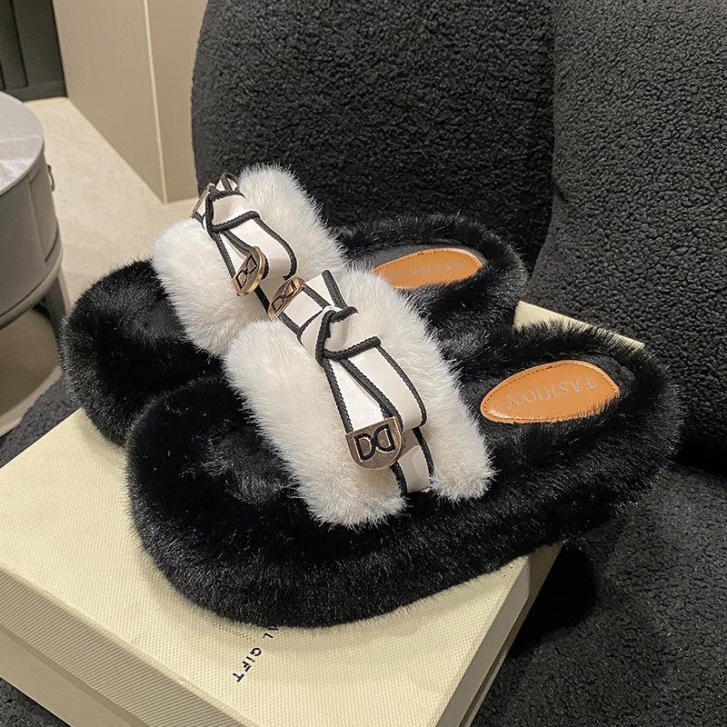 Internet celebrity black European wool slippers women wear 2025 autumn and winter new high-end thick-soled cotton slippers