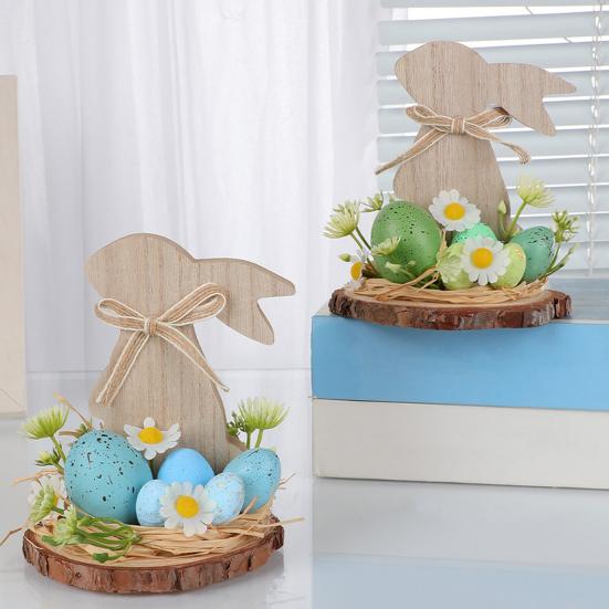 Wooden Easter Bunny Decoration Farmhouse Rustic Artificial Flower Colorful Egg Rabbit Table Sign Desktop Ornament