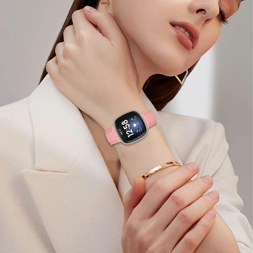 For Fitbit Versa 4/Sense 2 Genuine Leather Watch Band with Starlight Connector Turtle Back Buckle