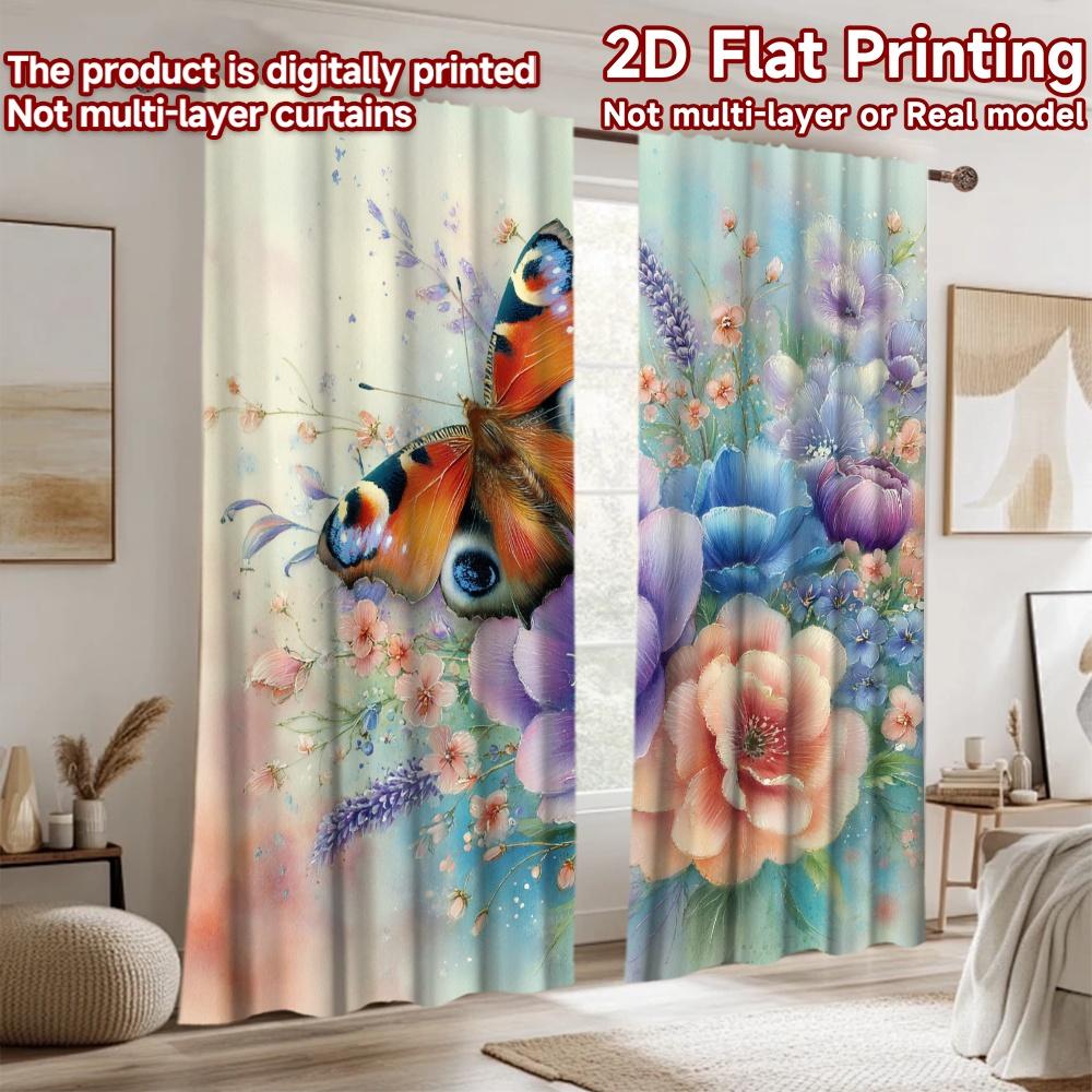 2D Flat Printing 2pcs Curtains Butterflies Floral Garden Digital Printed Polyester Drapes Family Party Use for Booths Studio