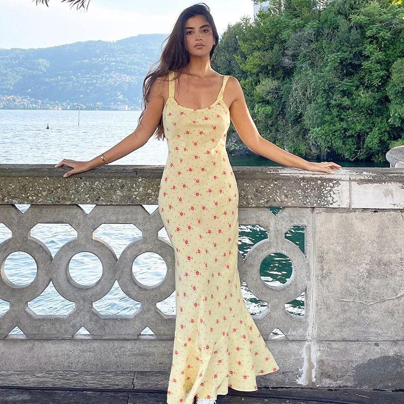 

Fashion Ins Fashion Sexy Vacation Style Yellow Floral Suspender Skirt French Slim Fit below the Knee Maxi Dress Summer Yellow S