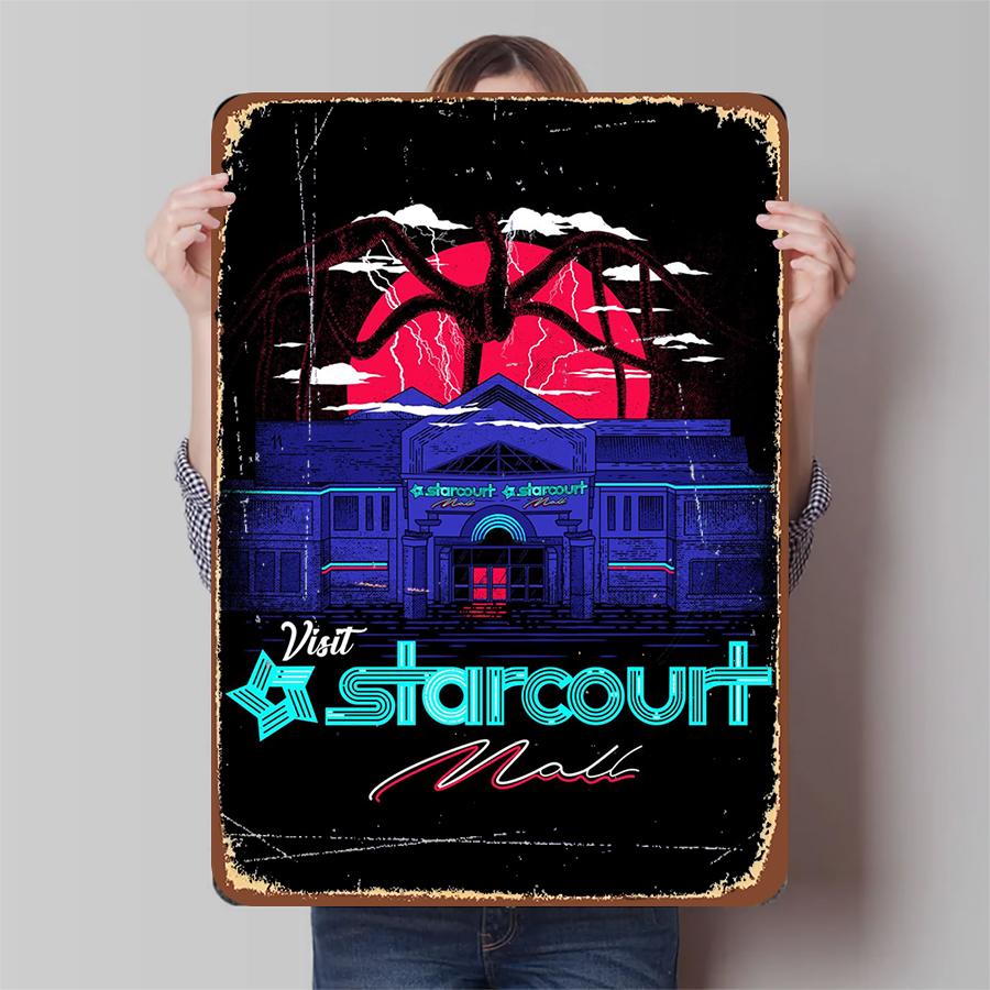 Stranger Things Geïnspireerde Starcourt Mall Metalen Wandkunst Nostalgisch neonbord vintage horrorfilm poster huisdecoratie cadeau voor fans