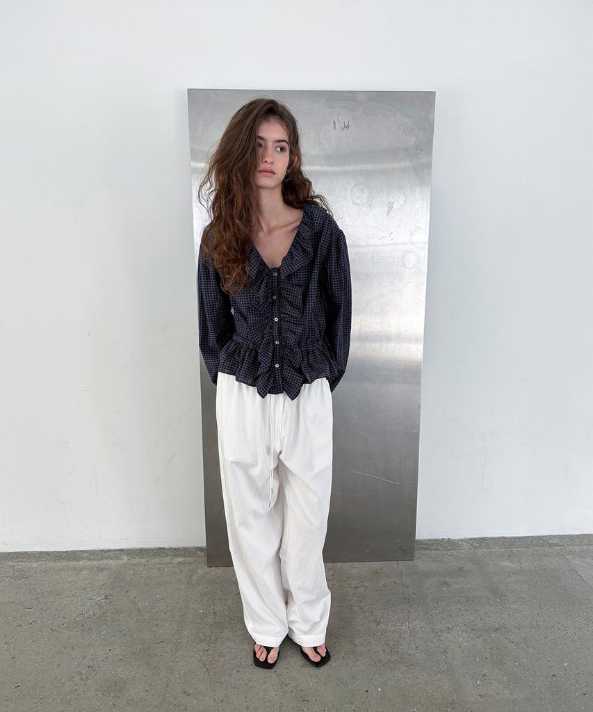 Poeteuseoul Voluminous Blouse_Check Navy