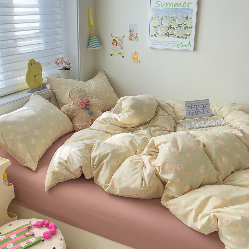 Class A Maternal and Infant Grade Knitted Cotton Double-layer Yarn 4pcs Set, Super Soft Washed Cotton Quilt Cover, Student Dormitory 3pcs Set