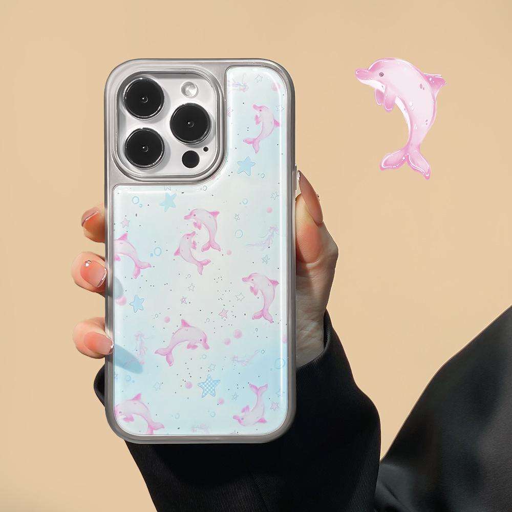 Applicable to iPhone16promax mobile phone case ins wind dolphin electroplating water condensation Apple 14/15pro protective case