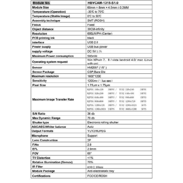 1600x1200 HM2057 Video Camera Module Board 2MP MJPG/YUY2 Fixed Focus USB FreeDriver Board for WinXP/7/8/10