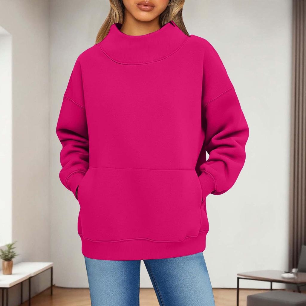 Damen Modisch Lässig Einfarbig Rundhals Langarm Tasche Sportlich Lässig Pullover Sweatshirt Top