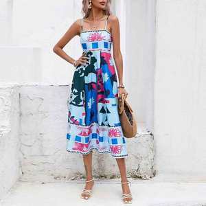 European and American women's clothing, new spring models, graffiti-printed holiday style high-waisted suspender dress