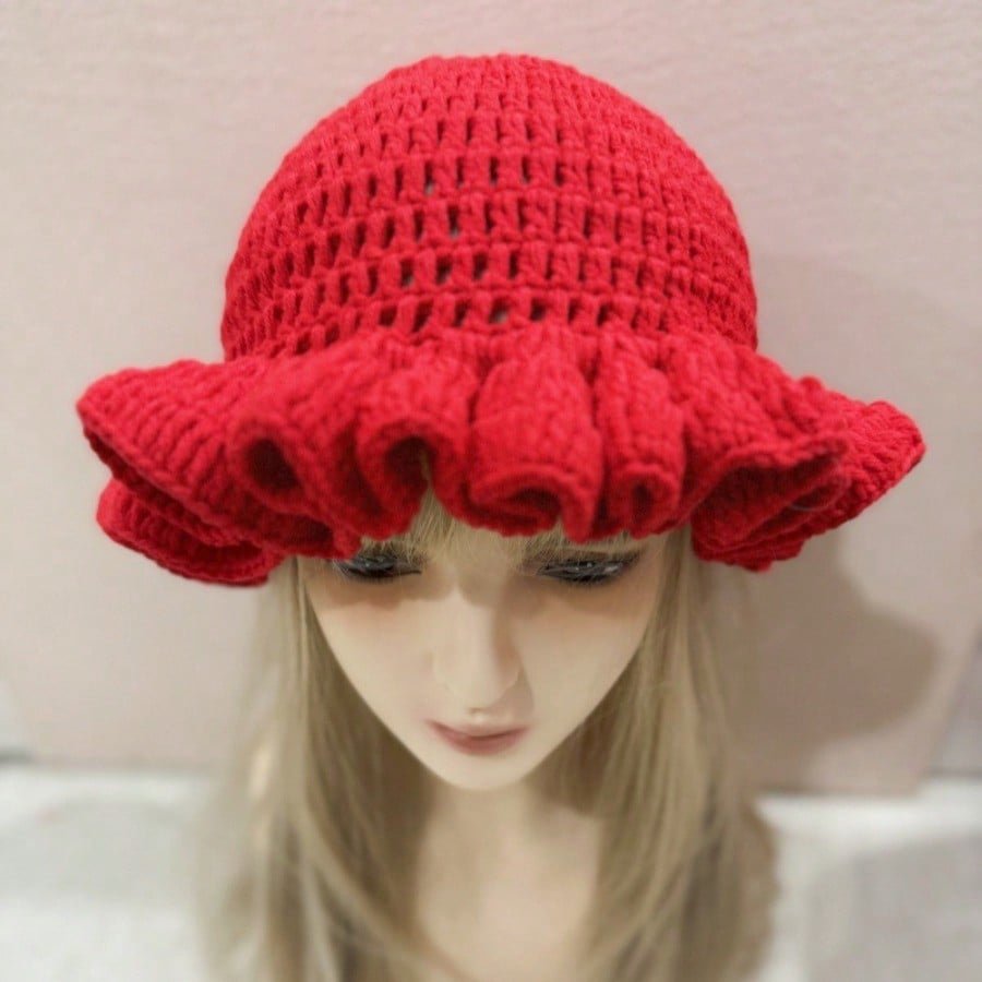 1pc Solid Color Hand-Knitted Crochet Cap, Bohemian Style Pleated Floppy Hat With Ruched Brim