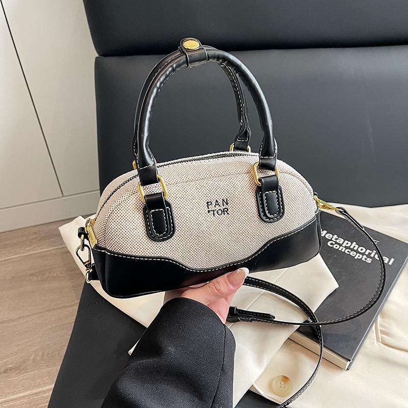 Contrasting Color Retro Small Bowling Bag Niche Design Women's Handbag Simple Commuter Boston Shoulder Pillow Bag
