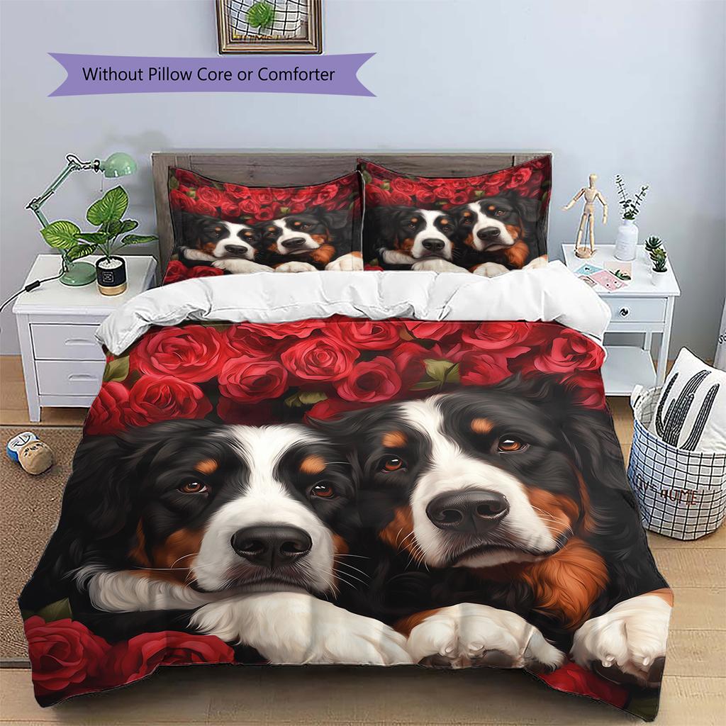 Bernese Mountain Dog and Rose Pattern Bedding Home Decoration Birthday Gift (1 * duvet cover + 2 * pillowcase, without core)