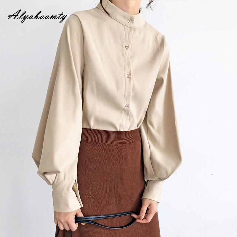 Korean Fashion Spring Autumn Women Blouse Stand Collar White Black Blue Khaki Loose Casual Shirt Lantern Sleeve Stylish Elegant Blouse