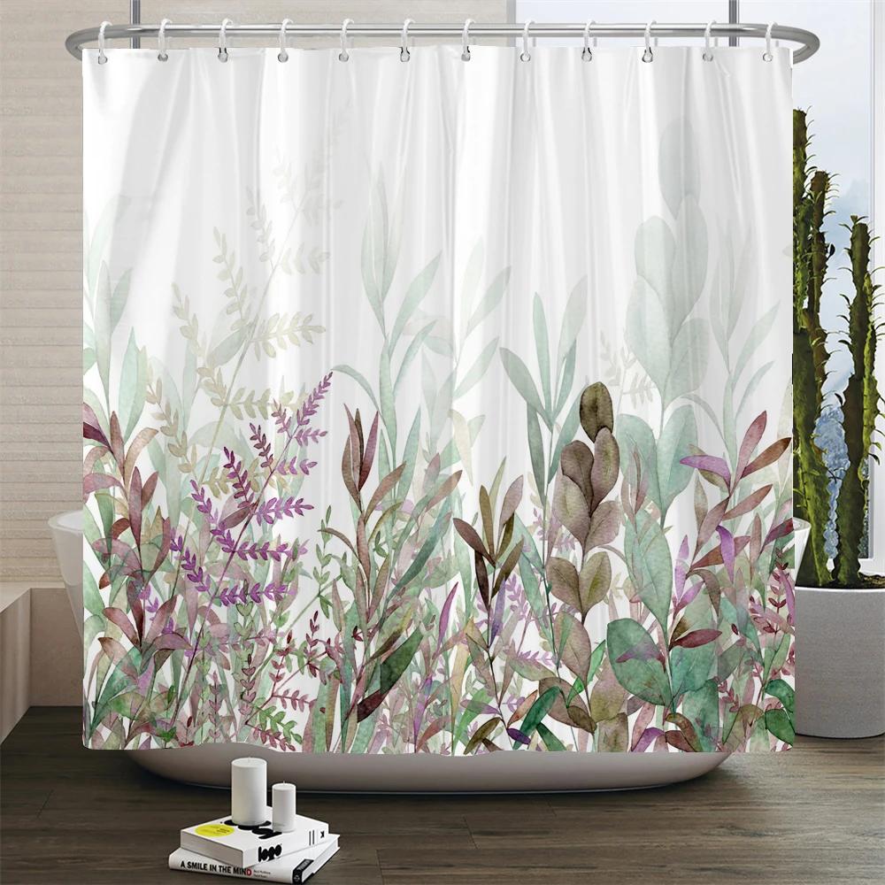 Waterproof Shower Curtain with 12 Hooks Fresh Flowers Leaf Plant Printed Bath Curtains Polyester Cloth Bathroom Accessories