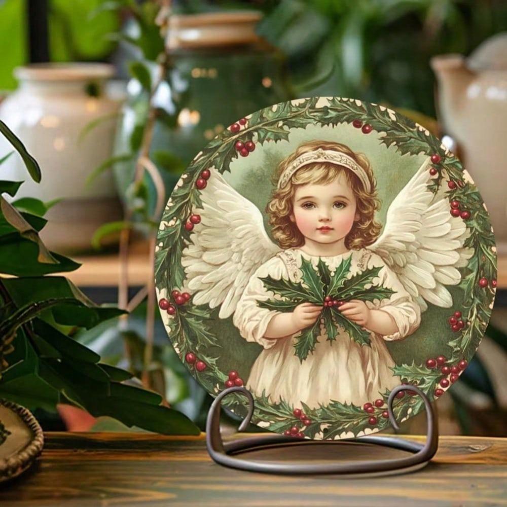 Vintage Christmas Angel Round Metal Wall Art, 2D Aluminum Sign with Pre-Drilled Holes for Home Garden Decor