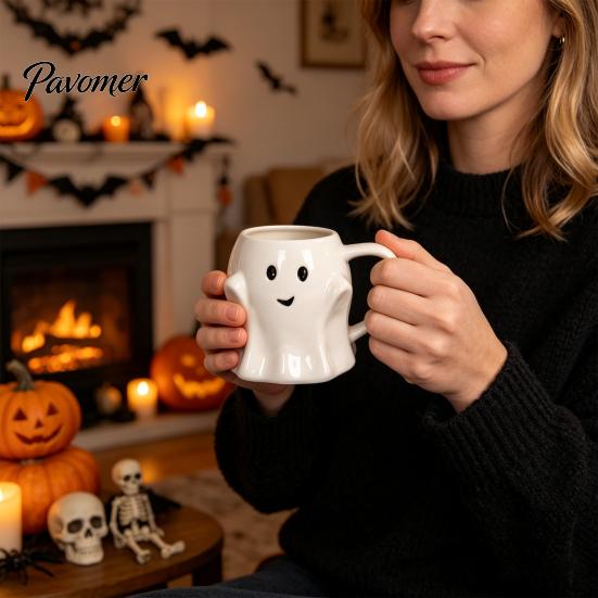 Ergonomic Handle Water Mug Halloween Ghost Ceramic Cup, Cute 3D Smiling Face Novelty Birthday Present Coffee Mug, Decorative Drinkware for Hot