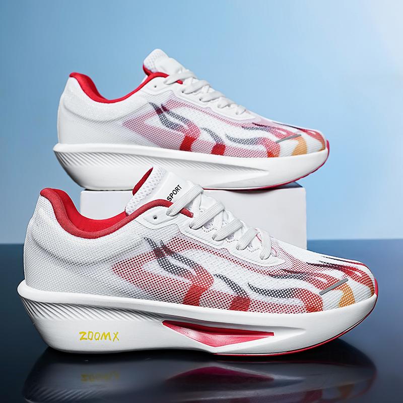 

Мужская обувь с амортизирующей подошвой из углеродного волокна, кроссовки для бега по шоссе, модные теннисные туфли со шнуровкой и принтом, нескользящая дышащая спортивная обувь 39