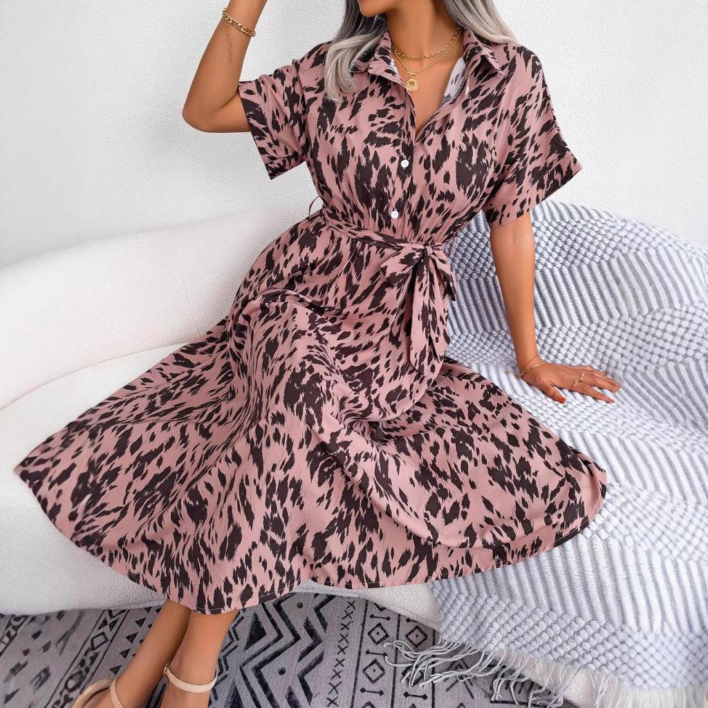 2025 Spring/Summer Casual Leopard Print Tie-Up Shirt Dress for Women