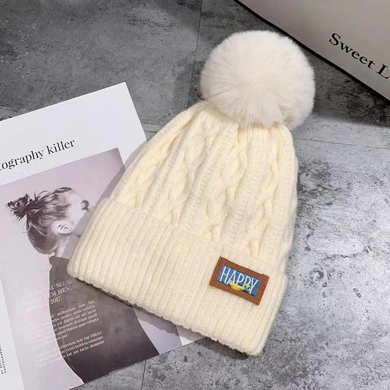 

Autumn and Winter Women s Pompom Knitted Hat Women Solid Color Thicken Plush Beanie Cap Female Autumn Warm Crochet Hats білий