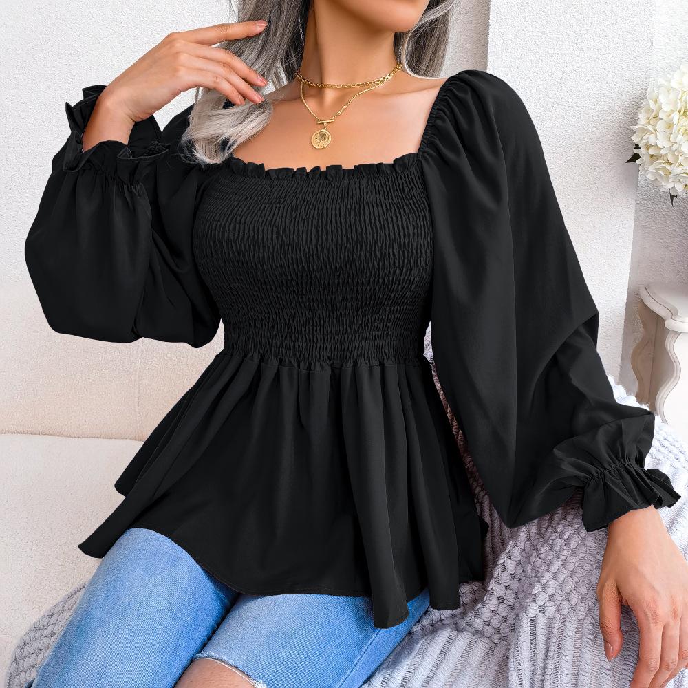 Summer Women Chiffon Shirt Long Sleeve Square Neck Solid Color Tops with Wooden Ears
