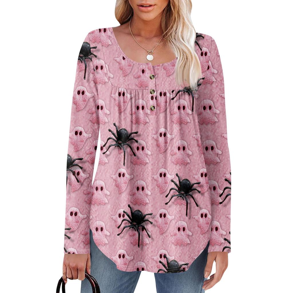 Dame Langermet Tunika Løse Topper Casual Oversized Topper Plissert Tunika Knapper Ned Casual Dame Print Topper