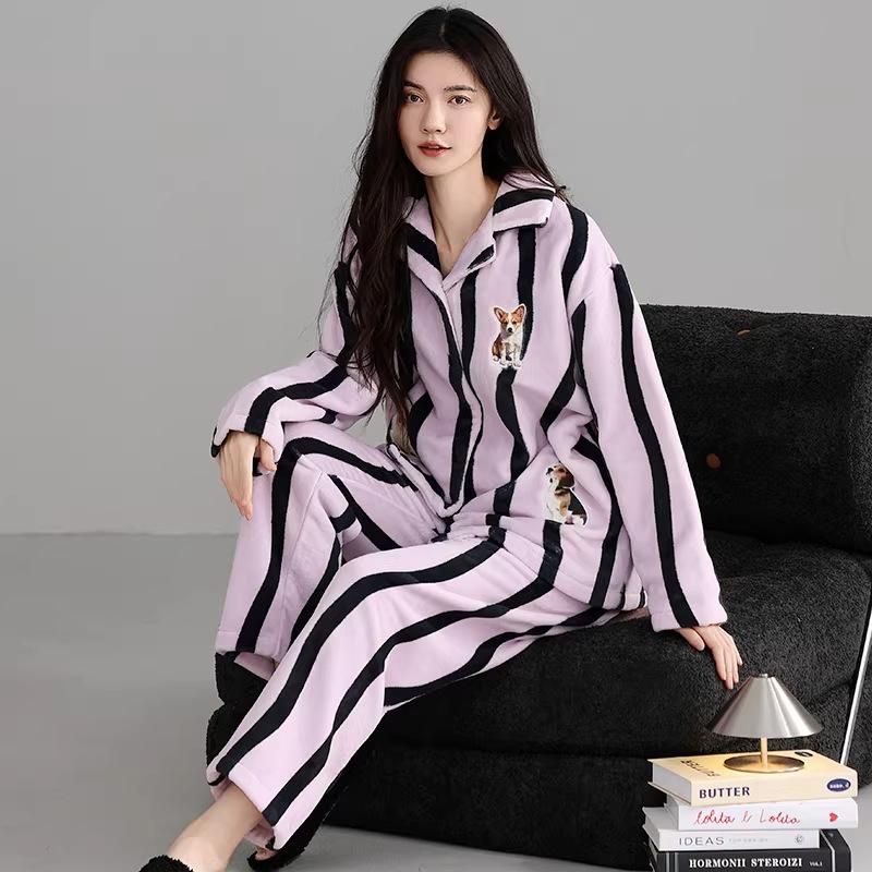 Women 2‑Pieces Pajama Set Long Sleeve Top & Pants Soft Warm Sleepwear Casual Home Loungewear Autumn Winter Nightwear For Ladies