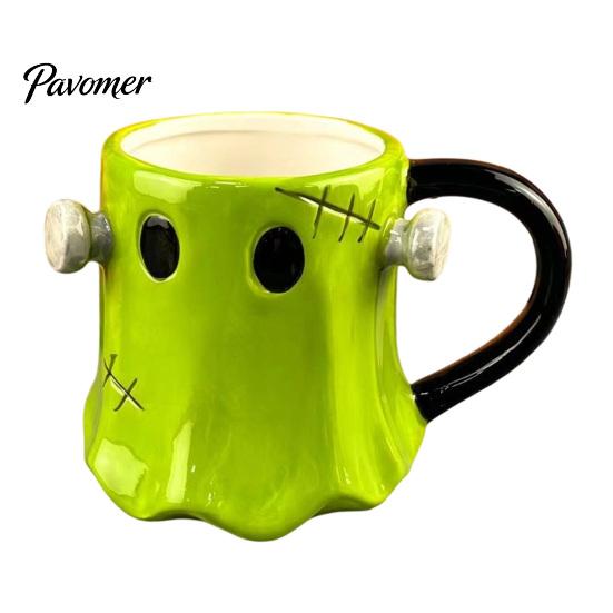Halloween Party Mitgebsel Grüner Geist Keramik Wasserbecher mit Henkel, 3D Dekoration Tasse, Niedliches Schreibtischornament 490ml Fassungsvermögen, Kreatives Trinkgeschirr für den Schreibtisch