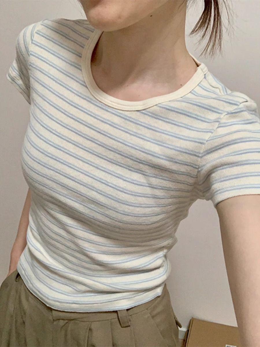 

Женская полосатая футболка с коротким рукавом в корейском стиле – Приталенная, Сладкий и пикантный летний топ Small