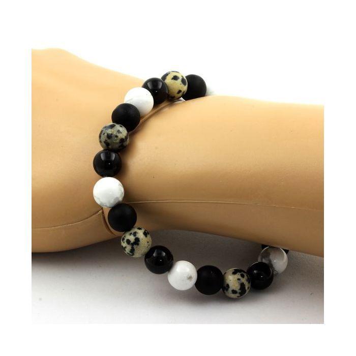 Stones and Minerals. Howlite Pearl Bracelet + Dalmatian Jasper + Matte Black Onyx + Agate Made In France.