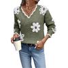 Women's Olive Green V-Neck Sweater with 3D Floral Appliques and Fuzzy Trim