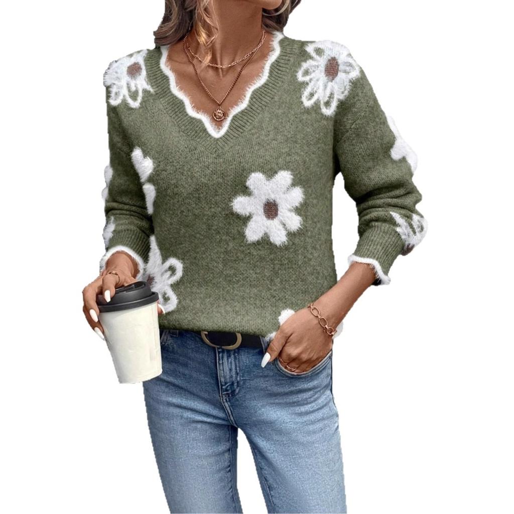 Women's Olive Green V-Neck Sweater with 3D Floral Appliques and Fuzzy Trim