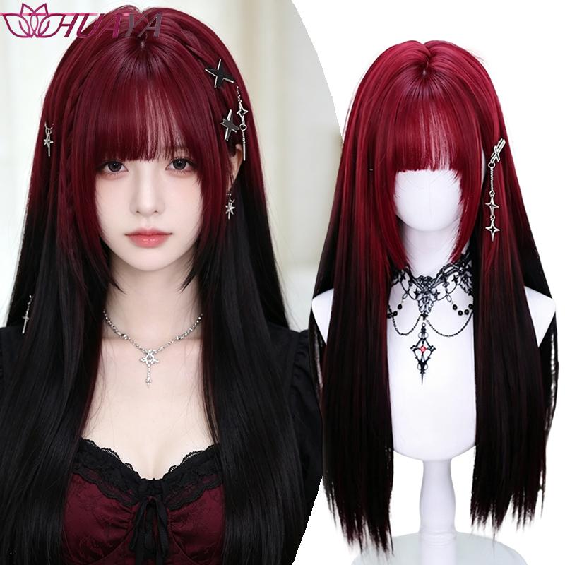 Parrucca Lunga Dritta Ombré Rosso-Nero per Halloween, Fibra Sintetica con Frangia, Parrucca Cosplay Facile da Indossare per Donne