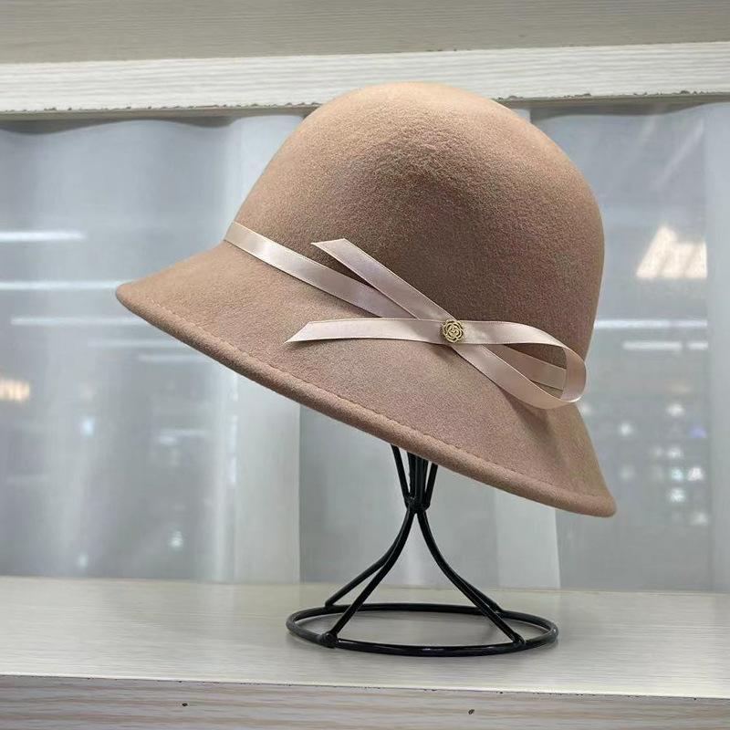 White Thin Belt Bow Wool Bucket Hat High-end Temperament French Elegant Top Hat Dome Thousand Gold Woolen Basin Hat