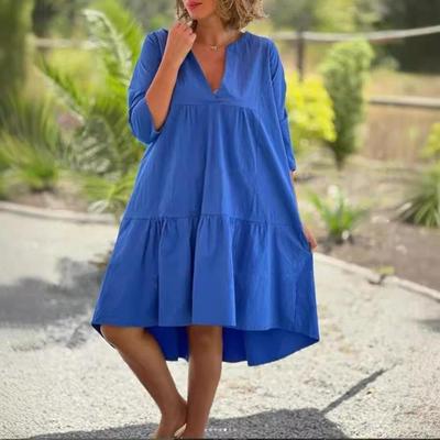 Casual Lightweight Breathable Loose Cotton Solid Ruffled Midi Dress Sleeve Short Summer V Neck Vacation Beach Women