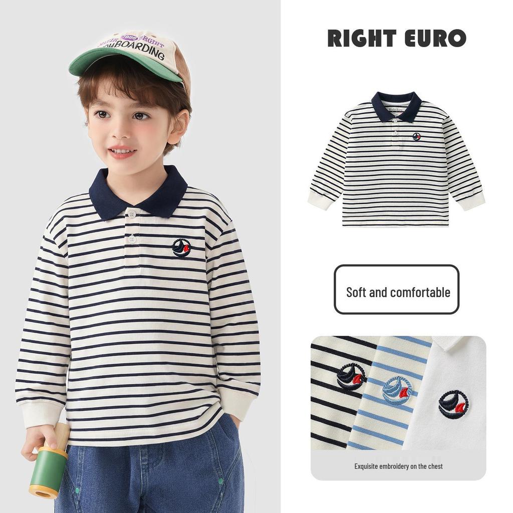 European Boy's Long Sleeve Striped Polo - Spring & Autumn 2026 Trendy Kids Top