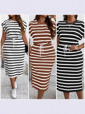 Vestido listrado de gola redonda com amarração na cintura para mulheres europeias e americanas