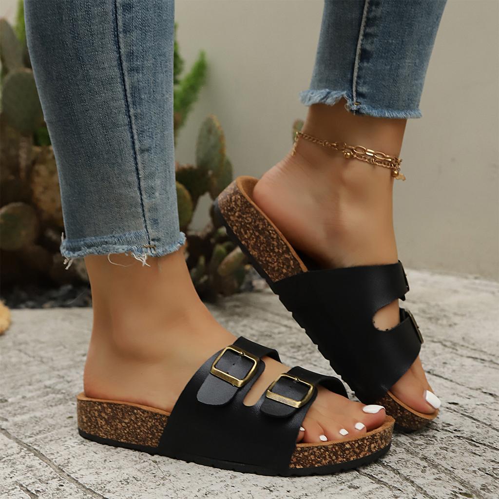 Women's Summer Cork Flat Sandals Open Toe Adjustable Buckle Strap Slide Beach Shoes Comfortable Footbed Casual Outdoor Footwear