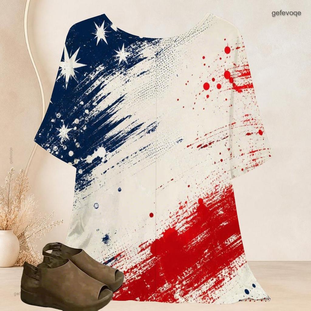 Women Plus Size Round Neck Batwing Short Sleeve Top Vintage Usa Flag Star Stripe Print Loose Casual Tunic Blouse
