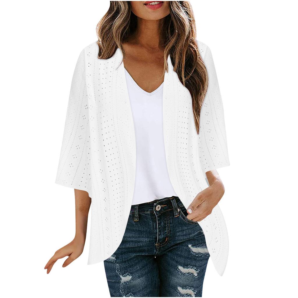 Veste Cardigan Décontractée Mode Femme à Manches Sept Partagées Couleur Unie