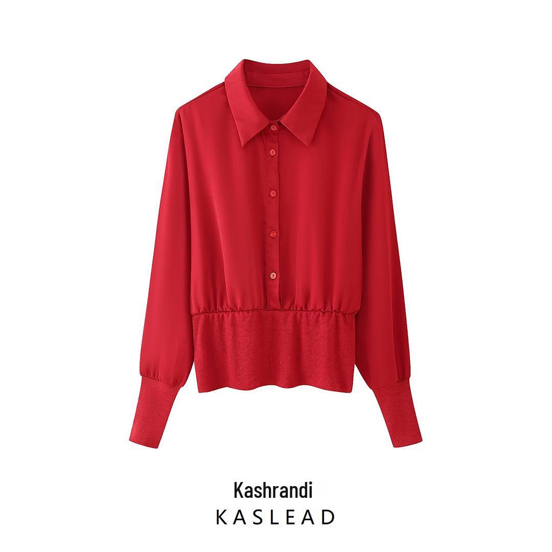 

2025 Spring Women s European & American Style Ribbed Turn-Down Collar Shirt L красный