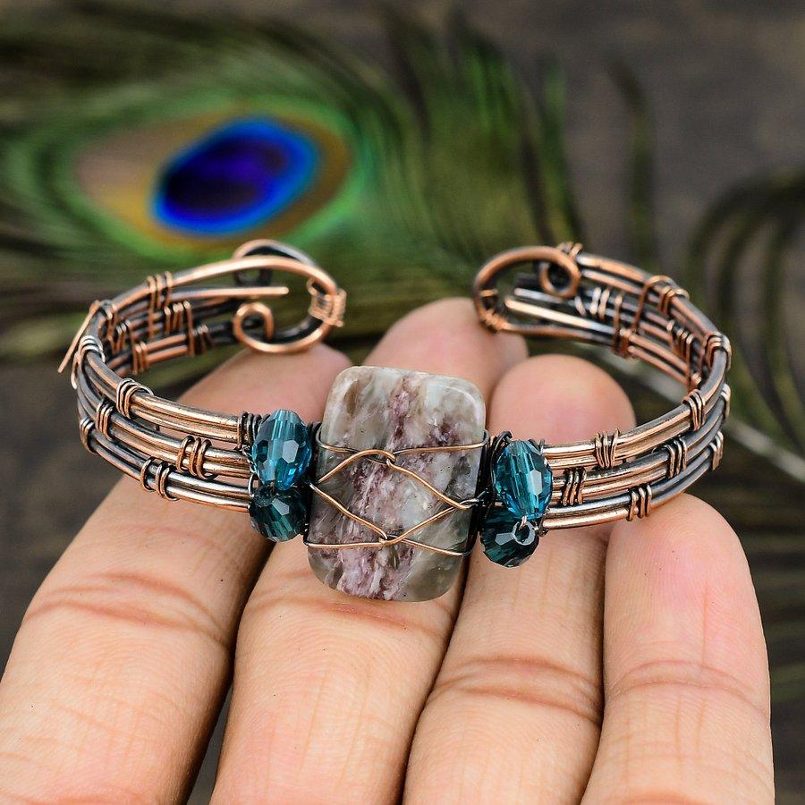Natural Russian Charoite Gemstone Copper Wire Wrap Cuff Bangle Adjustable r9u23