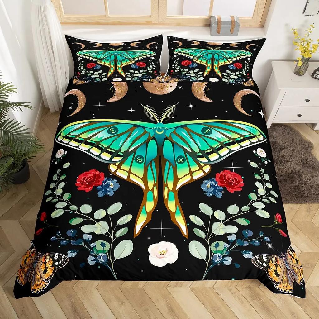 Glitter Starry Sky Galaxy Duvet Cover Mushroom Butterfly Quilt Cover Microfiber Star Moon Palm Leaves Flowers Queen Bedding Set