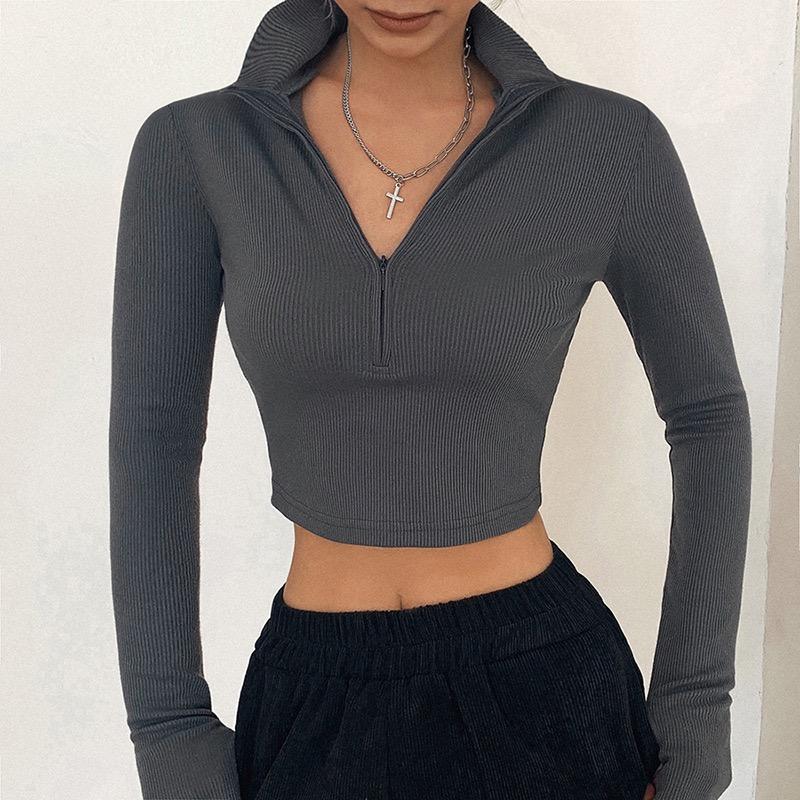 2KWEIRD Casual Y2k Clothes Crop Top Long Sleeve Women Korean Fashion Ribbed Knitted Zipper T-shirts Vintage Streetwear Tops Tees