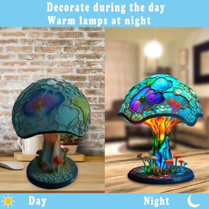 Painting Mushroom Table Lamp,Stained Plant Night Light,Resin Mushroom Bedside Lamp for Bedroom Living Room Home Office Decor