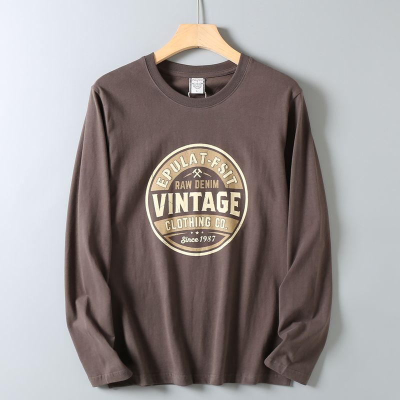 American Retro Printed Pure Cotton Washed Brushed Round Neck Long-Sleeve T-Shirt for Men, Autumn Export Export Product, Inner Layer Base Shirt