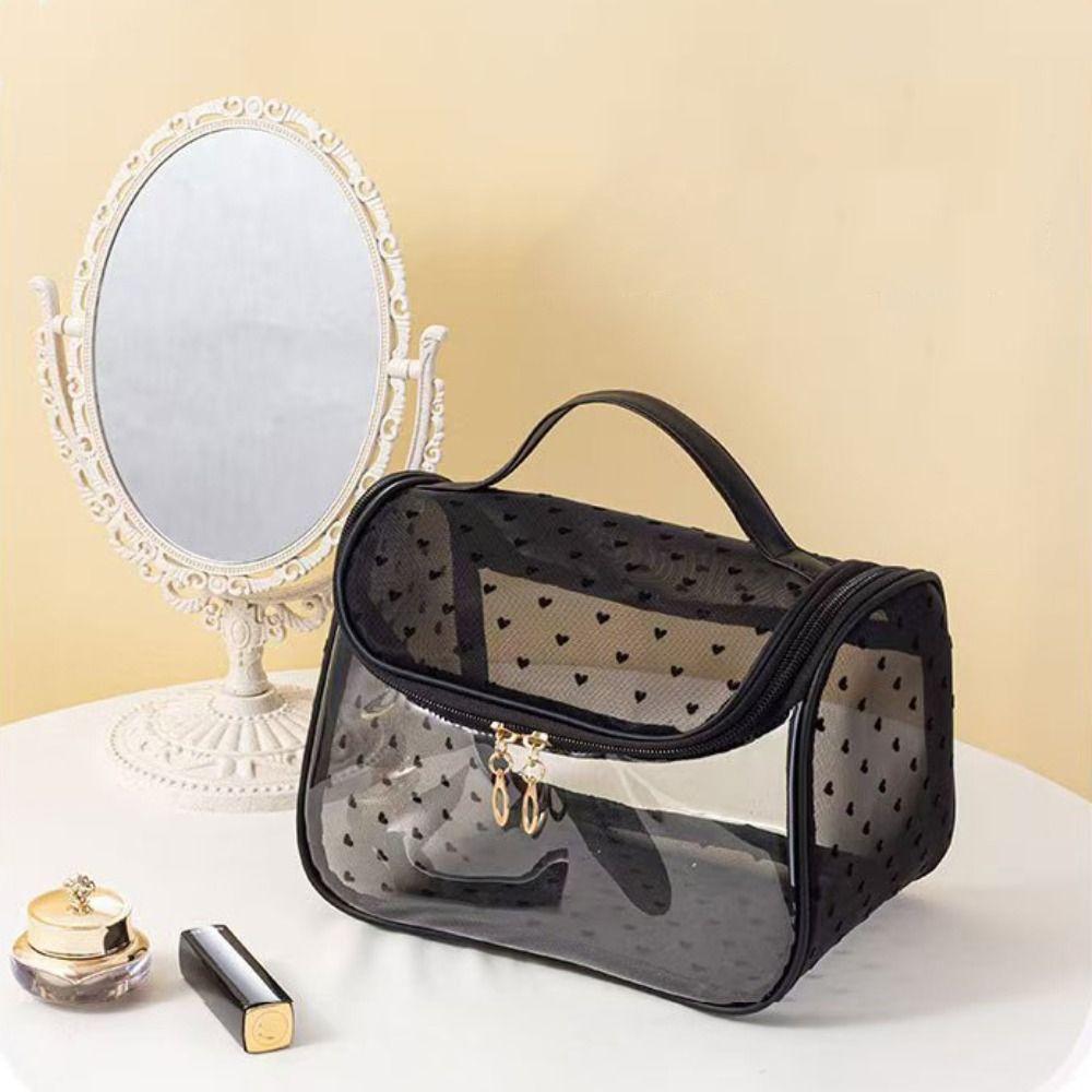 PVC Transparent Makeup Bag Solid Color Handheld Makeup Pouch Cute Mesh Cosmetic Bag  Lady