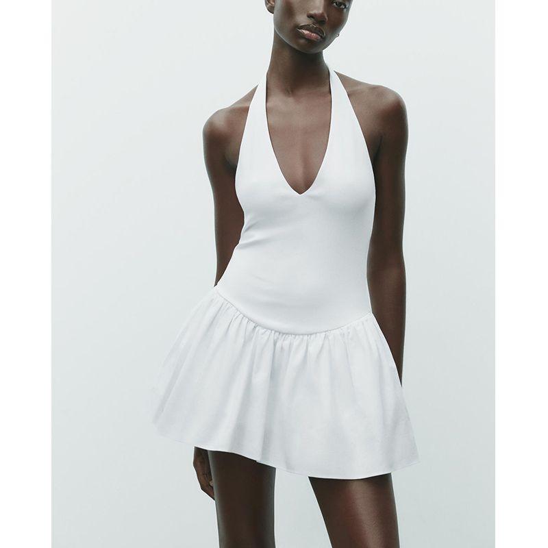 Spring and Summer New Women's Clothing French Open Back Design Bowknot Decoration Hanging Collar Patchwork Dress 0085338