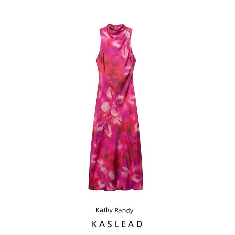 Kaslead New Arrival Women's Clothing Fashion Style Silm Silk Satin Texture Print Midi Skirt Dress 2978228